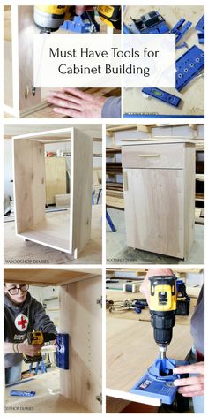 a collage of photos showing how to make cabinet doors with the help of a driller