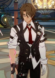 an anime character wearing a vest and tie with his hands on his hips, standing in front of a building