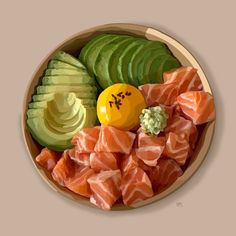 a bowl filled with different types of vegetables and meats on top of each other