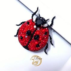 a ladybug brooch is sitting on top of a white surface