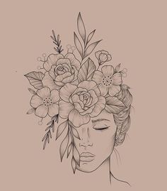 a drawing of a woman with flowers in her hair