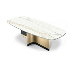 an oval marble table with gold legs and a black base, on a white background