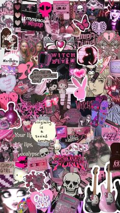 a collage of pink and black stickers