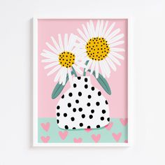 a painting of two daisies in a polka dot vase on a pink background with hearts