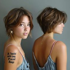 Short Hair Styles Long Bangs, Short Hair Long In Front Short In Back, Shaggy Pixie Back View, Fashionable Short Hair, Long Pixie Middle Part, Long Pixie Haircuts For Women, Famous Women With Short Hair, Textured Bob With Bangs Choppy Layers, Long Pixie Straight Hair