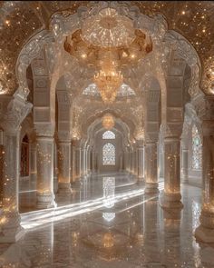 an ornate hallway with chandeliers and marble flooring is lit by lights from the ceiling