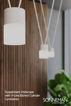 some white lights hanging from the ceiling in a room with wood paneling and plants