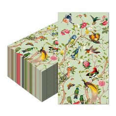 two cards with colorful birds on them and one is green, the other has pink flowers