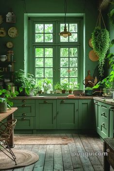 a green kitchen with lots of potted plants on the windowsill and wooden floors