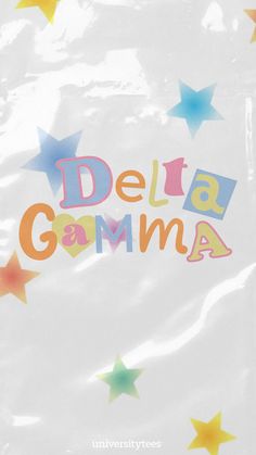 a bag with the words delta gumma written in multicolored stars on it