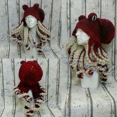 three crocheted hats on mannequin heads with red and white yarns