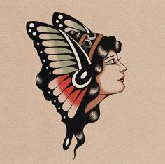 a drawing of a woman with a butterfly on her head