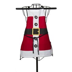 a red and white santa claus apron on a mannequin with a black belt