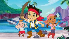 the cartoon pirate is running on the beach with his friends and two other children in front of him