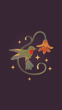 a hummingbird flying next to a flower on a purple background with stars and swirls