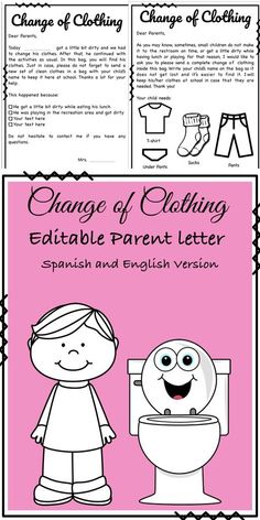 an orange and pink poster with the words change of clothing in english, spanish and spanish