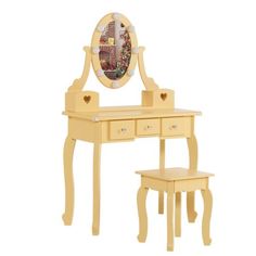 a wooden vanity with stool and mirror on top of the table is shown in yellow