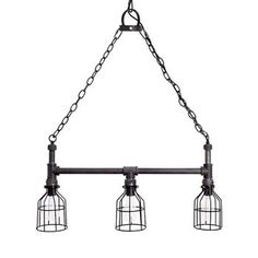 three light chandelier with caged cages hanging from the ceiling, isolated against a white background