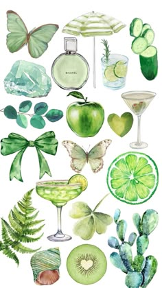 watercolor painting of various green items and drinks on white paper with butterflies, flowers, leaves, etc