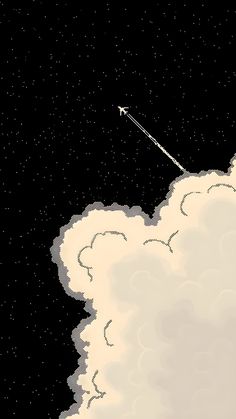 an airplane flying in the sky with clouds and stars around it, as if from outer space