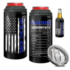 the back side of a can with an american flag on it, next to a metal lid