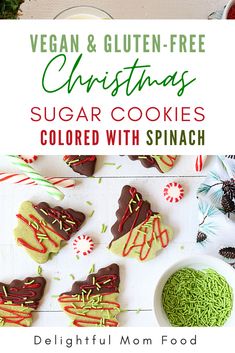 vegan and gluten - free christmas sugar cookies with spinach sprinkles