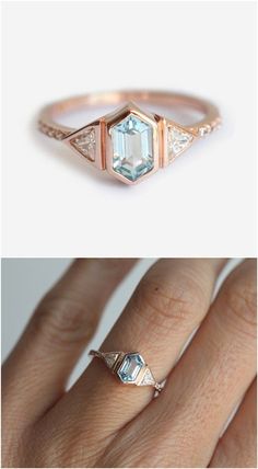 two different views of an engagement ring with diamonds on each side and the other side