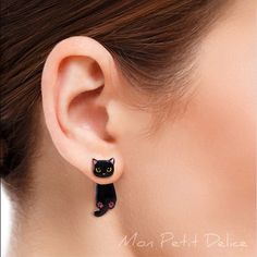 Black Cat Kawaii ear jacket stud earrings, handmade with shrink plastic and covered with resin ... The front back earrings are waterproof. As all of our products, the earrings are made with all the love and dedication that make them one of a kind. You'll find it available in other options, so make sure to check out this link : https://www.etsy.com/shop/MonPetitDelice?ref=seller-platform-mcnav&search_query=cat where you can find necklace, pendants, rings and more with this design, ideal for m Black Cat Ears Jewelry With Cat Design, Black Cat Design Novelty Jewelry, Black Cat Design Earrings For Halloween, Novelty Black Cat Design Jewelry, Black Novelty Jewelry With Cat Design, Novelty Black Jewelry With Cat Design, Black Cat Ears Earrings For Party, Black Cat Ears Jewelry For Gifts, Black Cat Ears Jewelry As A Gift