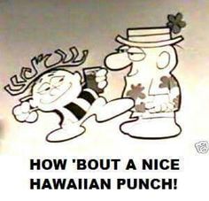 an advertisement for hawaiian punch with a cartoon image of a man and a woman shaking hands