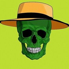 a green skull wearing a hat on top of it's head in front of a green background