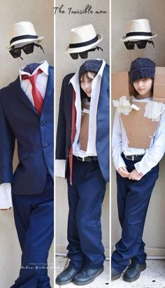 three different pictures of a man in a suit and tie with boxes on his head