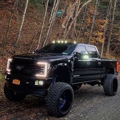 a black pickup truck parked on the side of a road in front of some trees