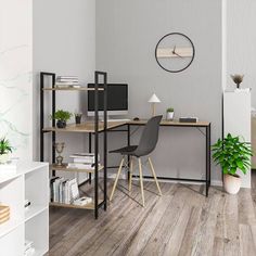 a room with a desk, chair and bookshelf next to a clock on the wall