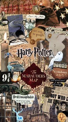 harry potter collage with hogwart's houses and other things