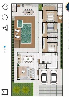 the floor plan for a house with two cars parked in front of it and an above ground swimming pool