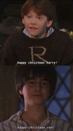 harry potter and ron in harry potter's christmas sweaters, with the words happy christmas