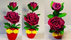 three images of red roses with green leaves and bows in vases on white background