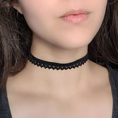 "A comfortable black stretch lace choker necklace perfect for many styles from goth to girly. The length shown in the photos is 11.5\" on a model with a 12\" neck. Each size comes with an additional 2.5\" extender chain. When selecting your stretch choker necklace length, measure around the smallest part of your neck and subtract .5\". If you're in between sizes, go for the next smallest size and use the extender chain for the perfect fit! If you would like a custom size, send me a message and I Choker 90s, Grunge Chokers, Black Lace Choker Necklace, Grunge Necklace, 90s Choker, Black Stretch Lace, World Necklace, Goth Choker, Black Lace Choker