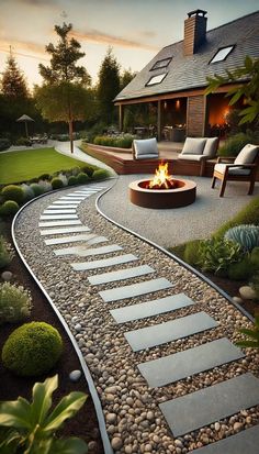 an outdoor fire pit surrounded by gravel and rocks in front of a house at sunset