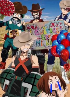 some anime characters are posing for a picture with balloons in the air and one is holding a sign