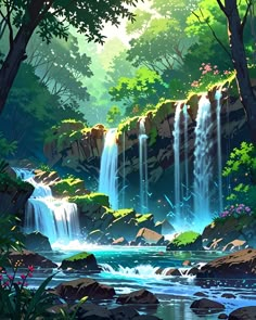 a painting of a waterfall in the forest