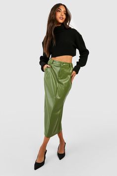 Green Leather Skirt Outfit, Faux Leather Outfit, Green Leather Skirt, High Waisted Midi Skirt, Midaxi Skirt, Leather Skirt Outfit, Skirts Midi High Waisted, Black Leather Skirts, Faux Leather Skirt