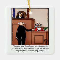 a christmas ornament with an image of a judge and his son in the courtroom