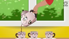 a person pouring coffee into four mugs with their faces drawn on them, in front of a window