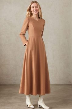 ★★ FEATURES * 30% wool, other fiber, nylon * Polyester lining * Two side pockets * Back zipper closure * Long sleeves * Fitted waist dress * Maxi wool dress * Winter wool dress * Perfect for Winter, autumn * Dry clean ★★ The model is 170 cm (5′ 7″) tall with a 80 cm (31.5") bust, 66 cm (26") waist. She is wearing the wool dress in size XS. ★★ Bespoke Order Service If you Request other color Request the length Request a sleeve Your height is not between 155 cm- 172 cm Your weight is over 75 kg I can do it for you, It will need some extra fee depending on on your need. Contact with me for more detail. ★★ Get your size in Size Chart with your body measurement https://www.etsy.com/listing/794055682 ★★ Warmly Note: 1 ) : Please confirm your shipping address! If you wish to ship the item to a di Beige Long Sleeve Modest Maxi Dress, Modest Beige Long Sleeve Maxi Dress, Woolen Dresses Winter For Women, Beige A-line Maxi Dress For Fall, Modest A-line Maxi Dress For Fall, Modest Fitted Brown Maxi Dress, Fitted Modest Brown Maxi Dress, Beige Maxi Dress For Fall Workwear, Modest Beige Fall Dress