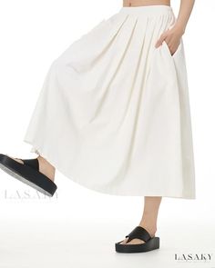 Lasaky - Loose-Fit Pleated Midi Skirt with Hip Coverage White Relaxed Fit Skirt For Summer, Spring Solid Color Midi Bottoms, Spring Baggy Skirt With Pockets, White Flowy Skirt With Pockets, Baggy Spring Midi Skirt, White Cotton Midi-length Bottoms, White Cotton Midi Bottoms, High Waist Maxi Skirt For Summer, Casual Pleated Midi Bottoms