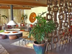 a living room filled with lots of furniture and plants on top of it's tables