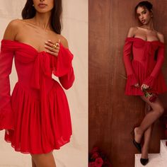 This Spectacular Mini Dress Is Date Night Perfect. 'Alana' Has An Elegant Off The Shoulder Neckline With Underwired Cups And An Oversized Bow To Beautifully Showcase The Corseted Bodice. You'll Love The Long Fluted Sleeves And The Skirt Is Gorgeously Gathered For Billowy Movement. The 'Regular Cup' Option Suits Cup Size A-C Whilst The 'Bigger Cup' Option Suits Cup Size A-C. Taller Girls, This Is Available In Two Lengths, A Regular Mini Length And 2 Inches / 5cm Longer. Regular: Approx 66cm And L Chiffon Off-shoulder Dress For Date Night, Off-shoulder Chiffon Dress For Date Night, House Of Cb Valentina Dress, Red Chiffon Mini Dress, House Of Cb Red Corset Dress, House Of Cb Dresses Red, House Of Cb Babydoll Dress, Bow Shoulder Dress, House Of Cb Kaia Dress