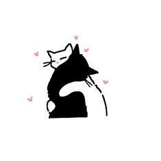 a black and white drawing of a cat with hearts on it's back paws