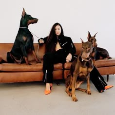 two dogs and a woman sitting on a couch